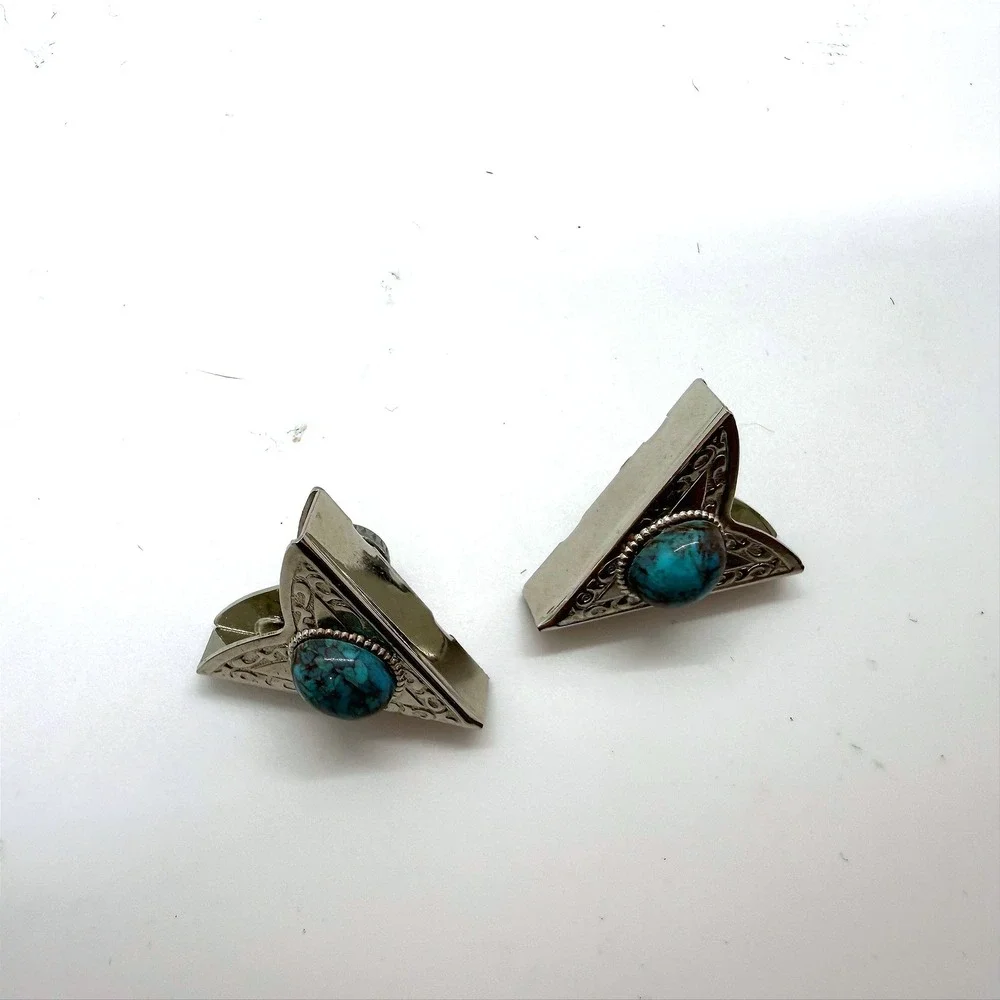 Vintage Silver Tone Faux Turquoise Engraved Western Shirt Collar Tips USA Made